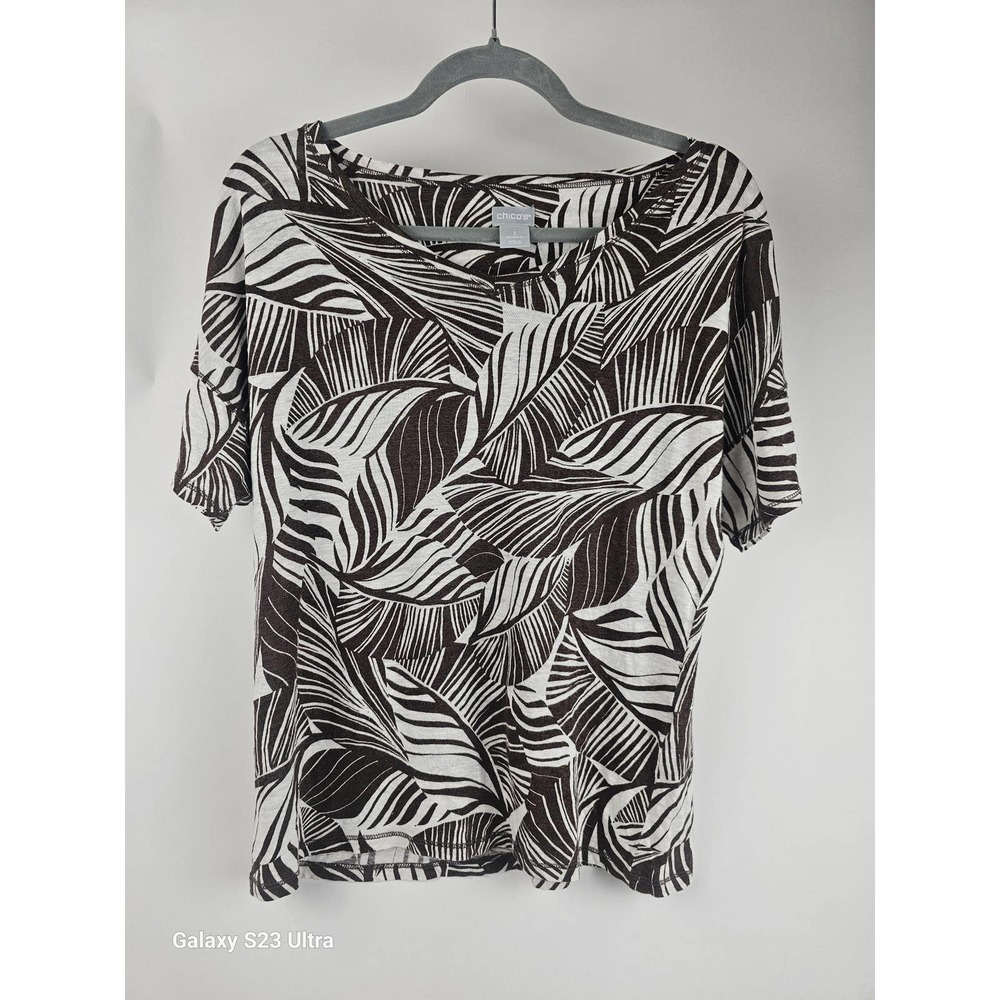 Women's, Chico, 100%linen, safari, brown and cream, szM, short sleeve